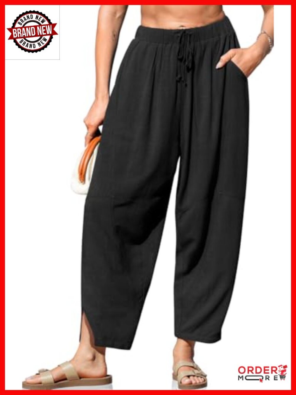 Wide Leg Linen Blend Harem Pants with Pockets High Rise